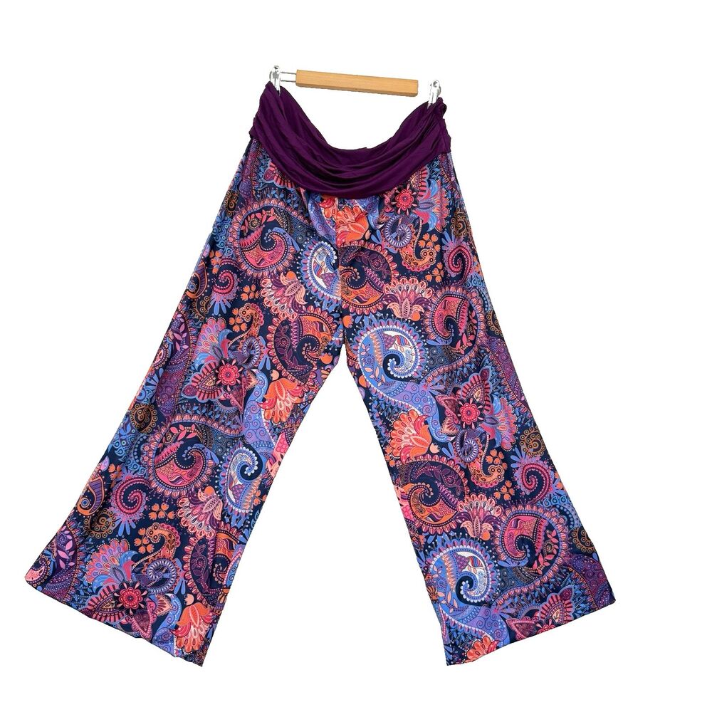 Gracyoga Colorful Jersey knit Beach Pants Palazzo Flare 32" inseam Size 3XL Wide